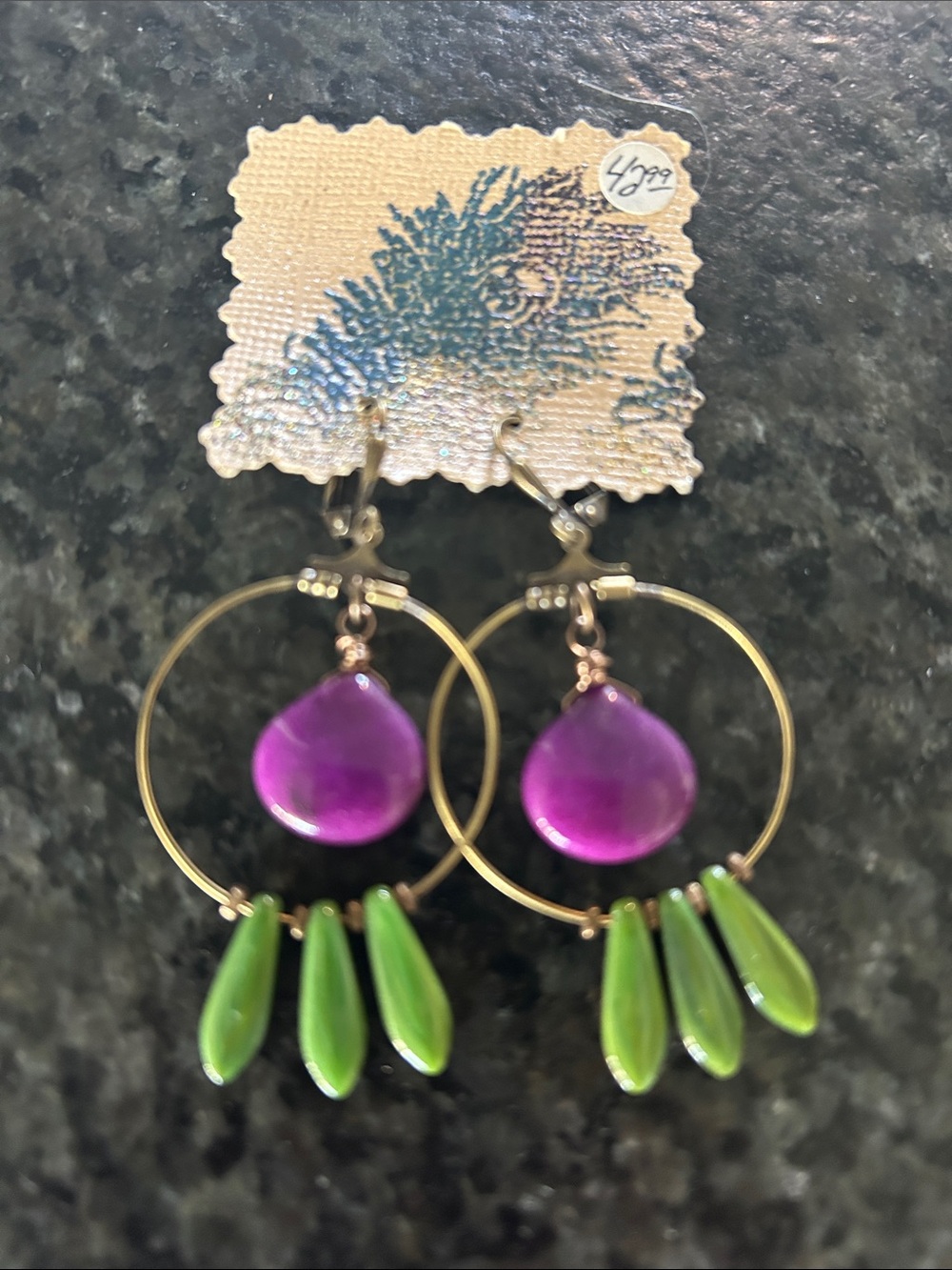 NWT vintage glass Tucson purple and green mystery brass earrings - Picture 1 of 7